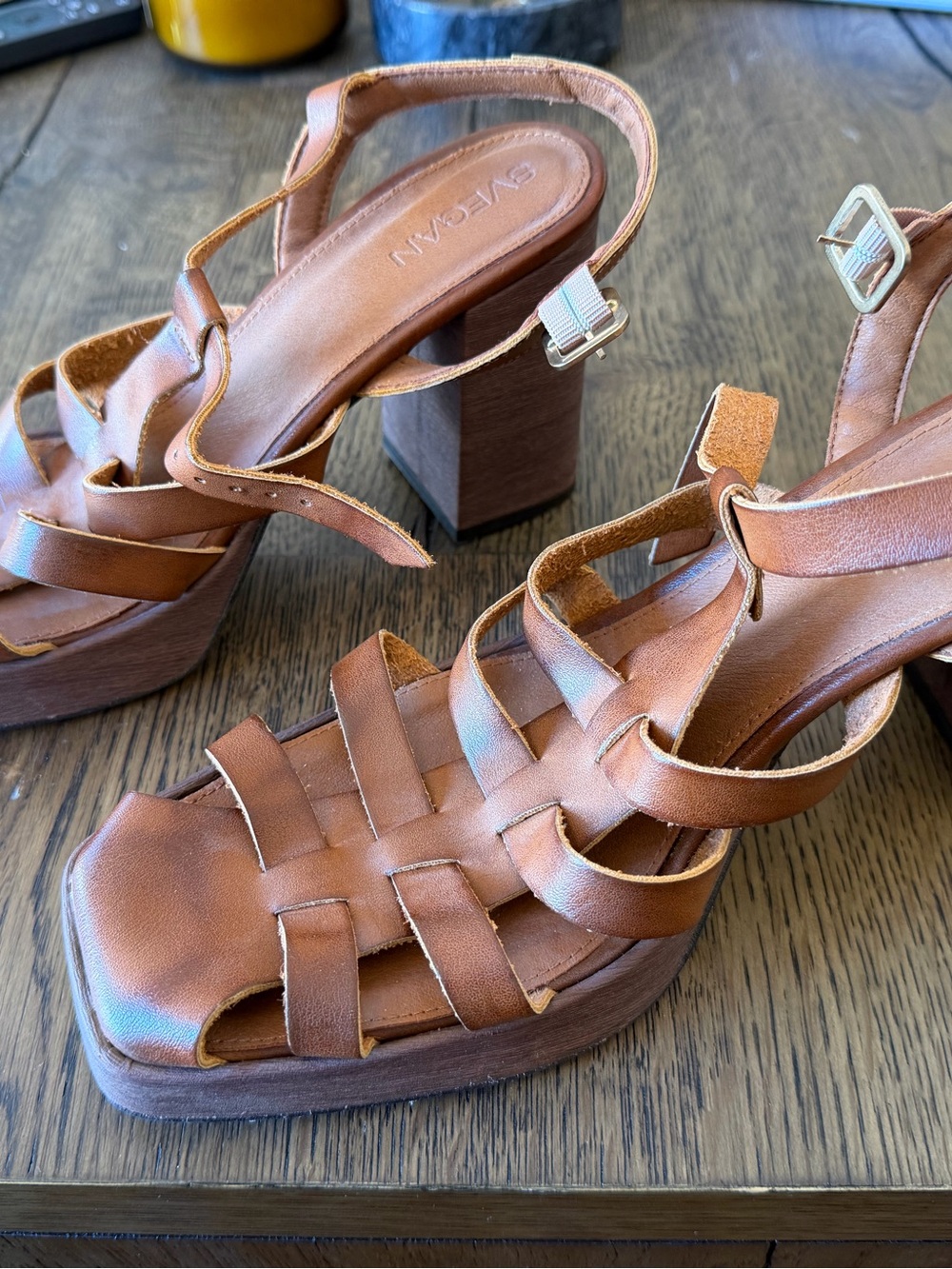 Brown Leather Woven Platform Sandals